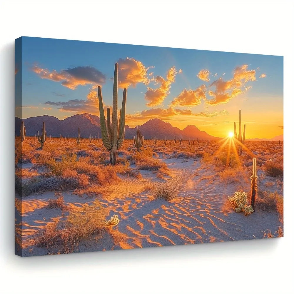 1.5 inch thick wood pine frame, interior artwork mural, home decorative art, sunset Desert cactus canvas wall art