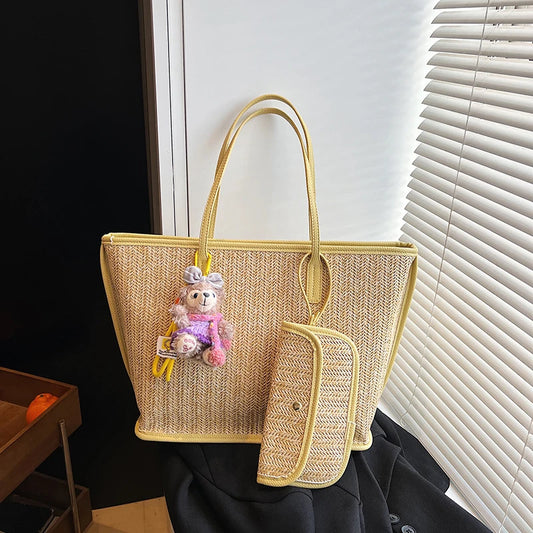 Color Contrast Straw Woven Shoulder Bag with Matching Wallet,Women Beach Travel Vacation Tote Bag,Large Capacity Shopping Basket