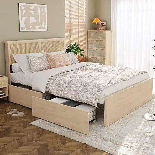 with Natural Rattan Headboard and Wooden 4 Storage Drawers,Metal Platform with Strong Wooden Slats Support,No Box Spring Needed