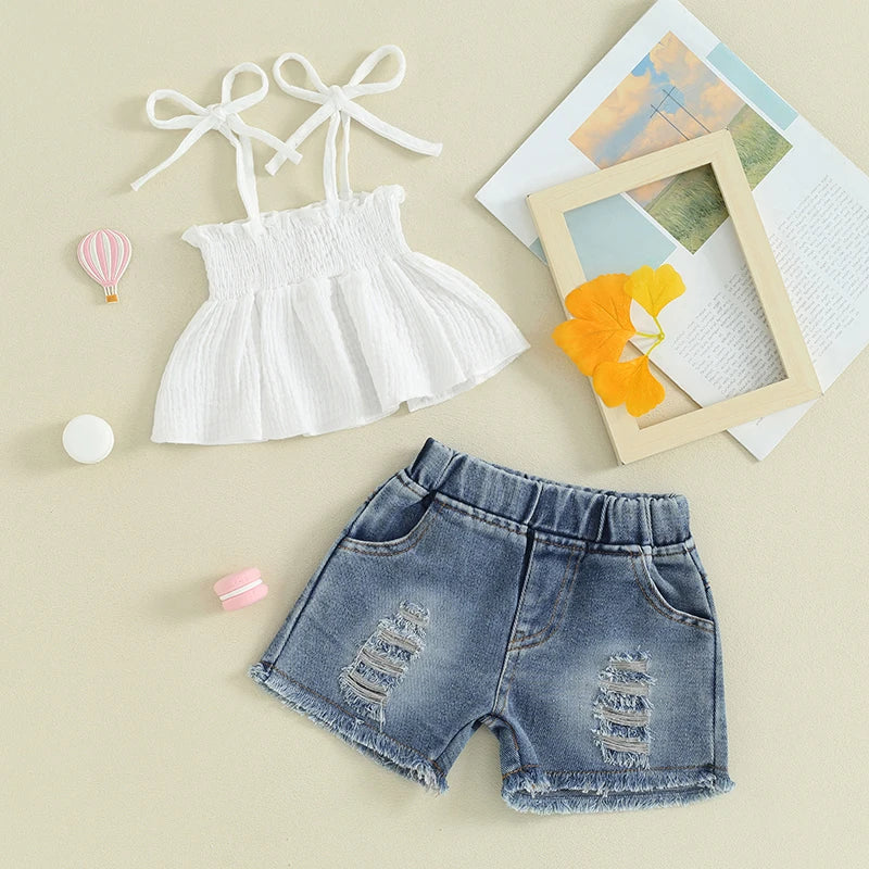 Pudcoco Kids Baby Girls Shorts Set, Tie-up Pleated Camisole with Ripped Denim Shorts Summer 2-piece Outfit 1-5T