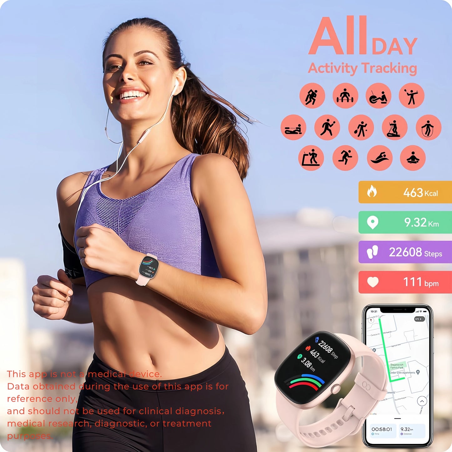 Smart Watches for Men Women  Sleep Tracking, 46mm 1.3oz Step Calorie Counter Fitness Watch Activity Trackers Pedometer forAndro