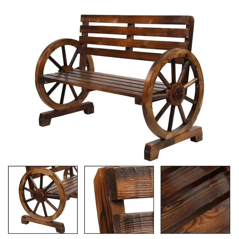Rustic Fir Wood Garden Bench, Outdoor Wagon Wheel Wooden Loveseat, Brown Patio Bench for Outdoors