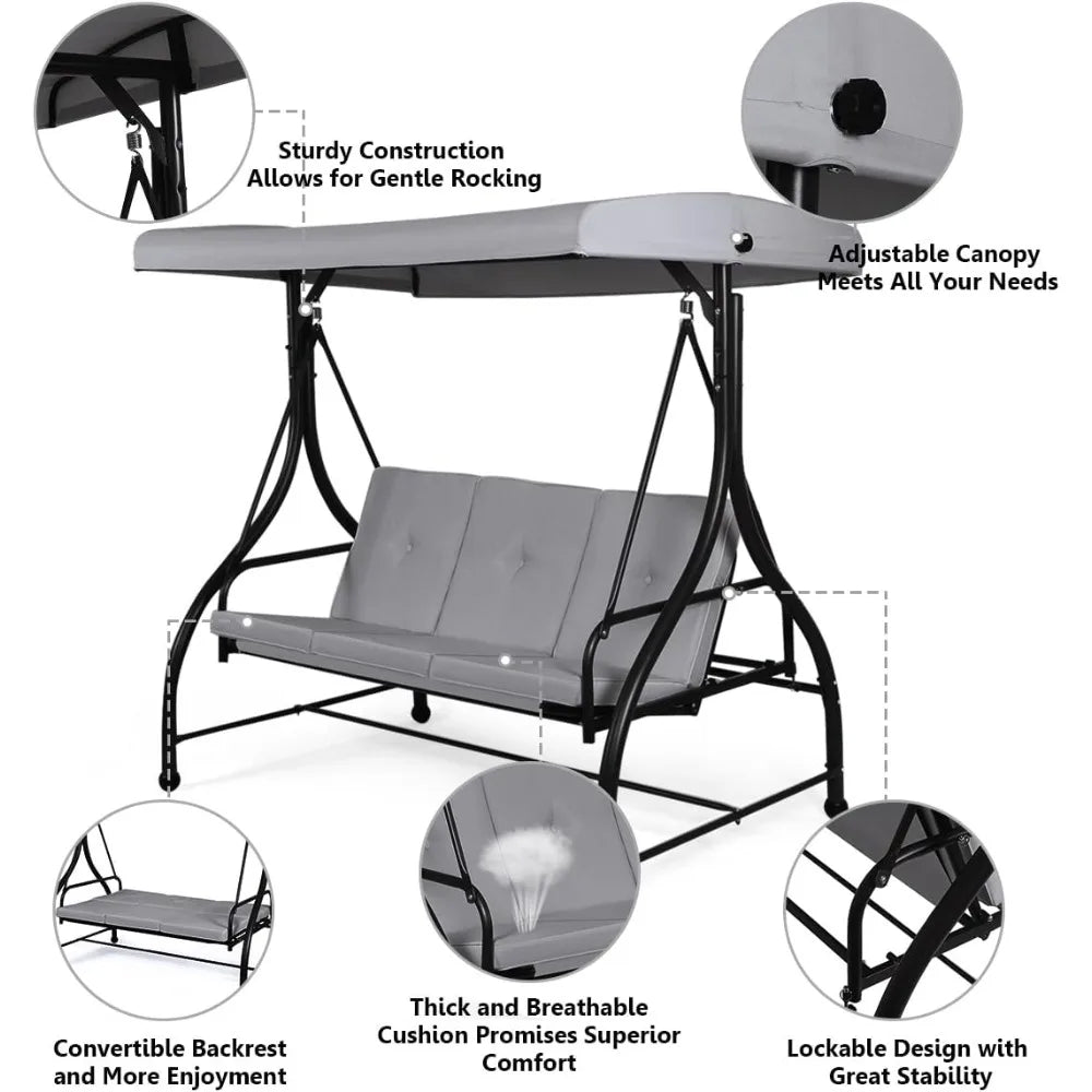 Garden Swing Chair, 3 Seater Convertible Outdoor Hammock Bench Chair with Adjustable Canopy and Cushions, Patio Swing Bench