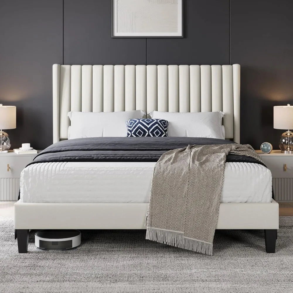 Bed Frame Upholstered Platform Bed with Fabric Headboard, Wing Edge Design/Non-Slip and Noise-Free/Wooden Slats Support