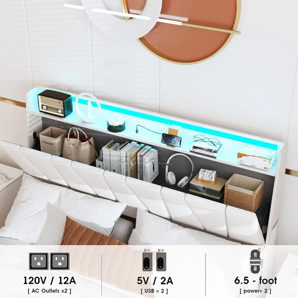 Full Size Bed Frame with Storage Headboard and 3 Drawers,Upholstered Platform Bed with Charging Station