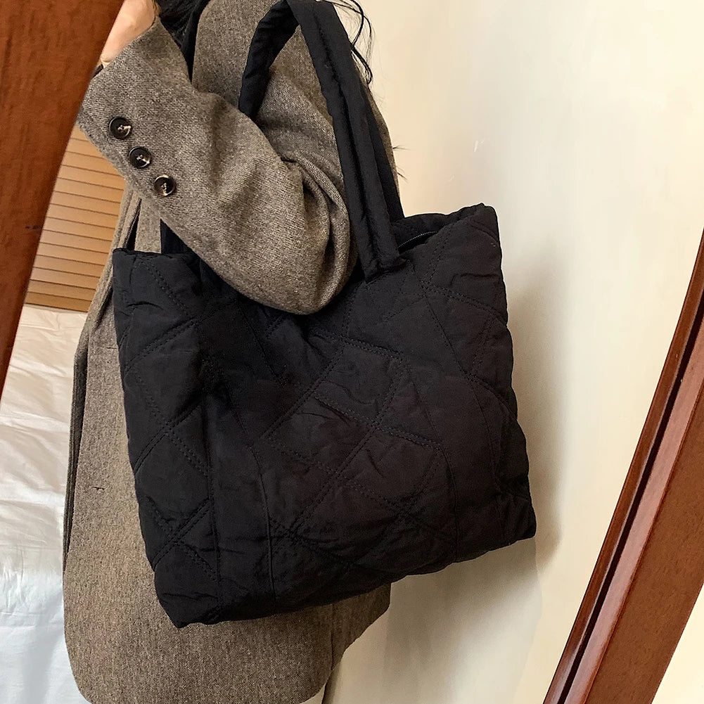 Ladies Diamond Lattice Bag Large Capacity Padding Top Handle Bag Solid Color Quilted Padded Bag Stylish Shopping Bag
