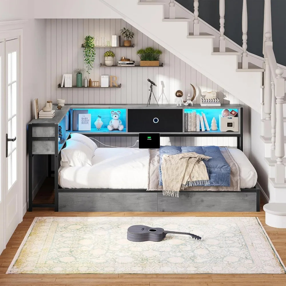 Corner Bed Frame with Storage Bookcase, Twin Daybed with Storage Drawers Underneath, Kids Bed Unit with Charging Station