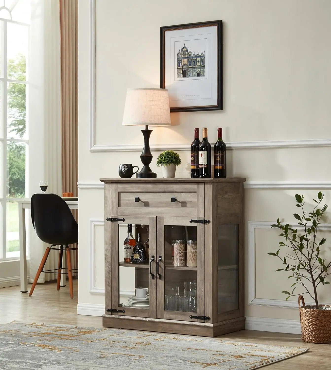 Small Buffet Cabinet with Glass Doors,Wood Coffee bar with Adjustable Shelf,Liquor Cabinet,for Living Room and Dining Room