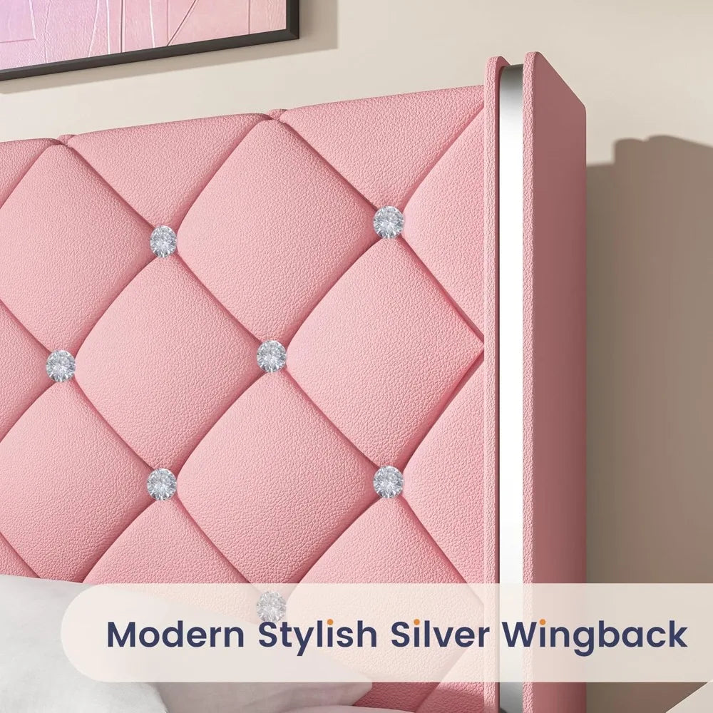 Queen Size Bed Frame with Diamond Headboard, Pink Bed Frame Queen, Upholstered Platform Bed Frame Faux Leather
