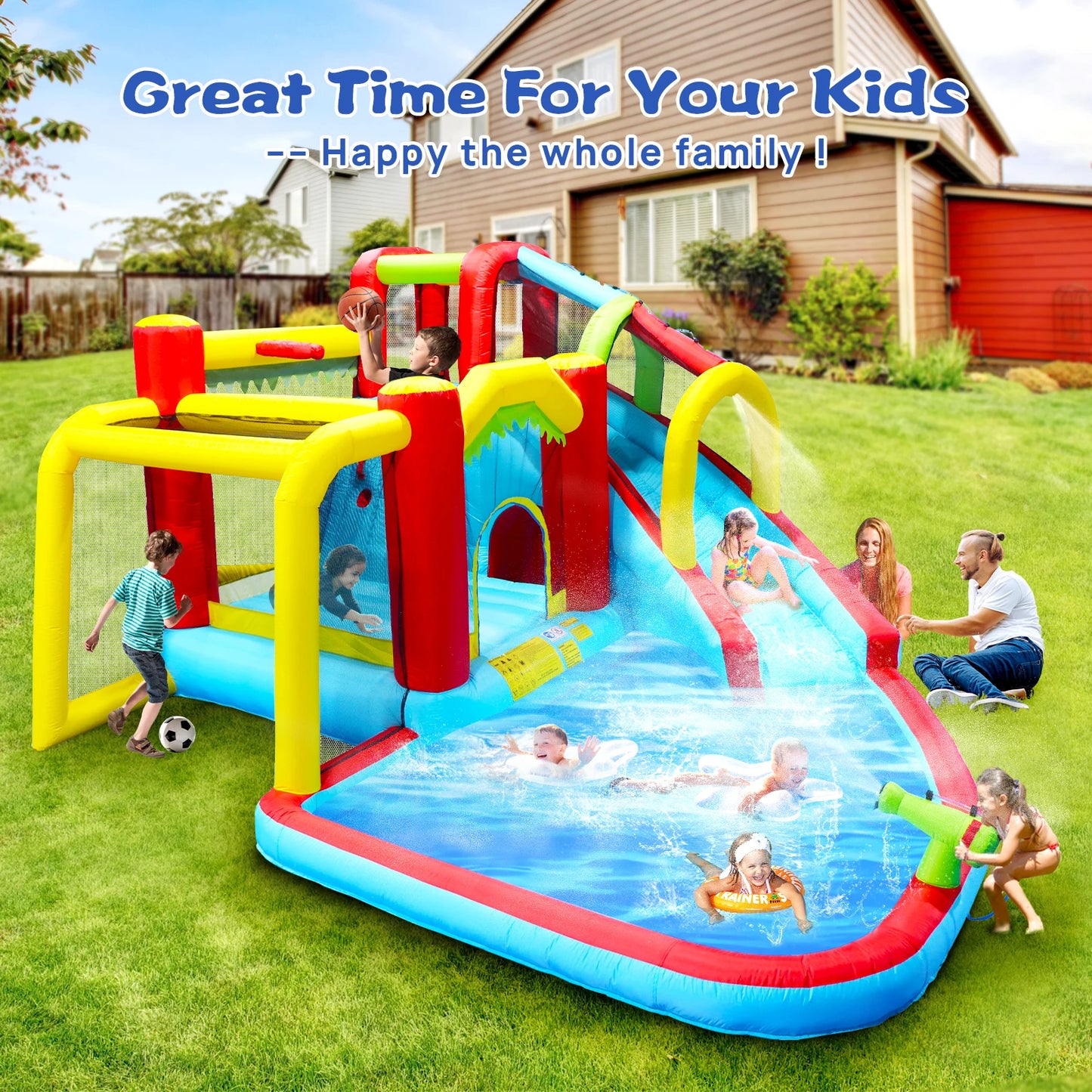 Inflatable Slide Water Park Trampoline Bouncing House Outdoor Garden For Endless Fun to Kids with Blower and Toys