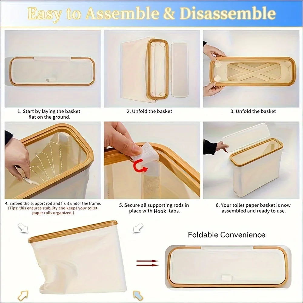 Bathroom Storage Basket Paper Organizer with Handle Slim Roll Paper Storage Box, Rectangle Shape for Home Organization