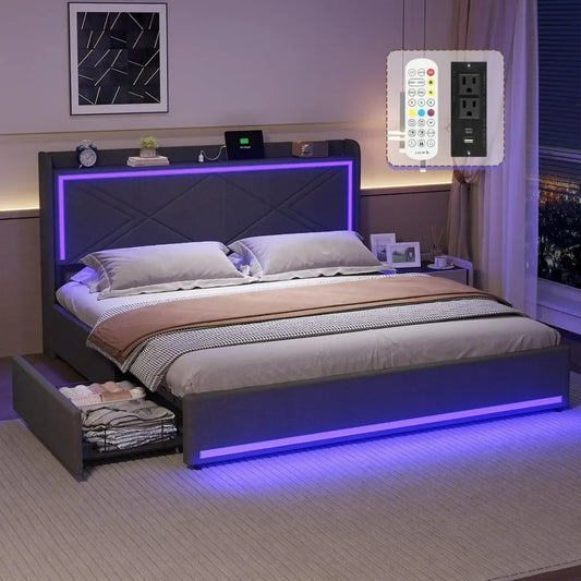 Queen Bed Frame with RGB LED Lights Headboard & USB-C/A Charging Station, Upholstered Platform Bed with Storage Drawers