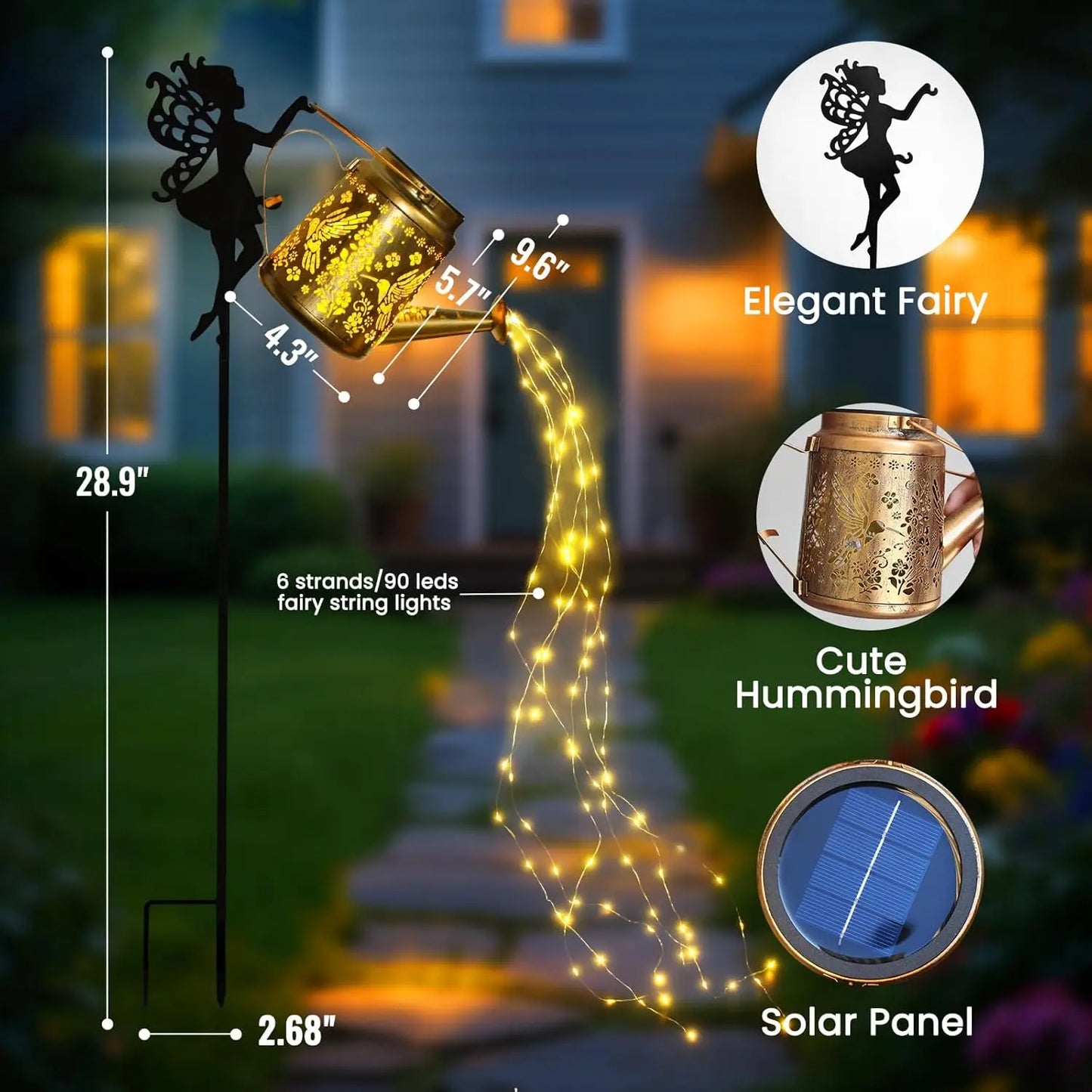 Solar Lights Outdoor Waterproof, Fairy Solar Garden Lights Outdoor Decoration, Hummingbird Solar Watering Can Light Gardening