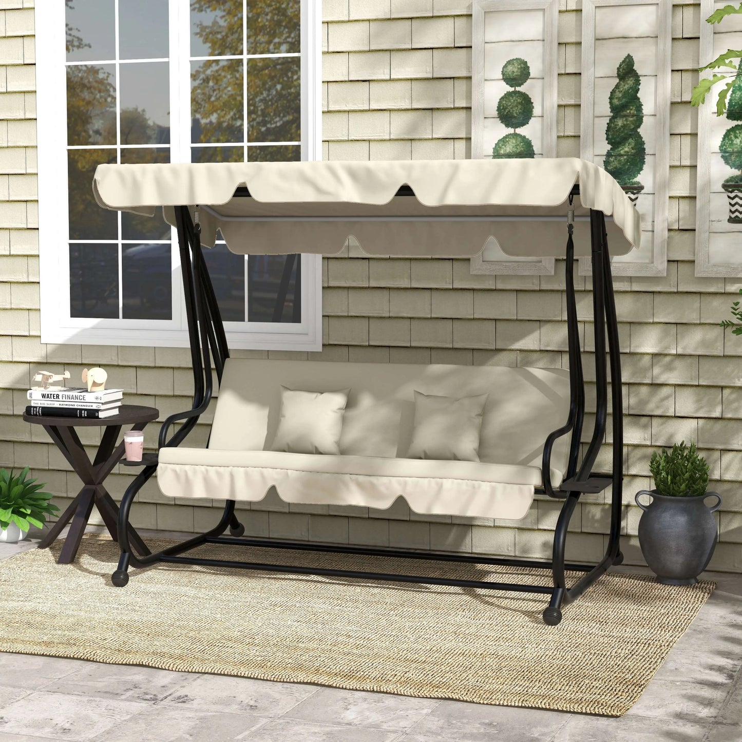 Outsunny 2-in-1 Garden Swing Seat Bed, 3 Seater Convertible Swing Chair Bench with Tilting Canopy, Cushioned Seat and 2 Pillows