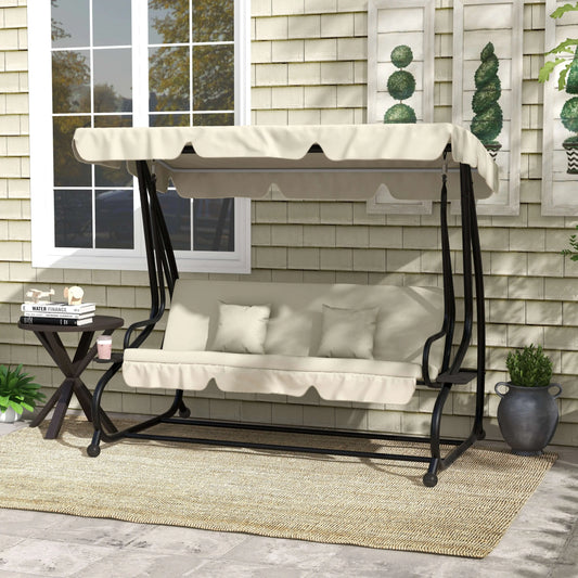 Outsunny 2-in-1 Garden Swing Seat Bed, 3 Seater Convertible Swing Chair Bench with Tilting Canopy, Cushioned Seat and 2 Pillows