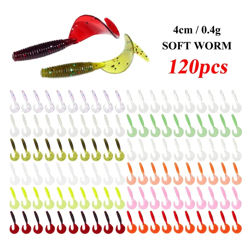 120Pcs New Soft Bait 4cm0.4g Fishing Lures Plastic Silicone Worm Moggot Grub Lure Saltwater Wobblers Carp Swimbait for Pike Tool