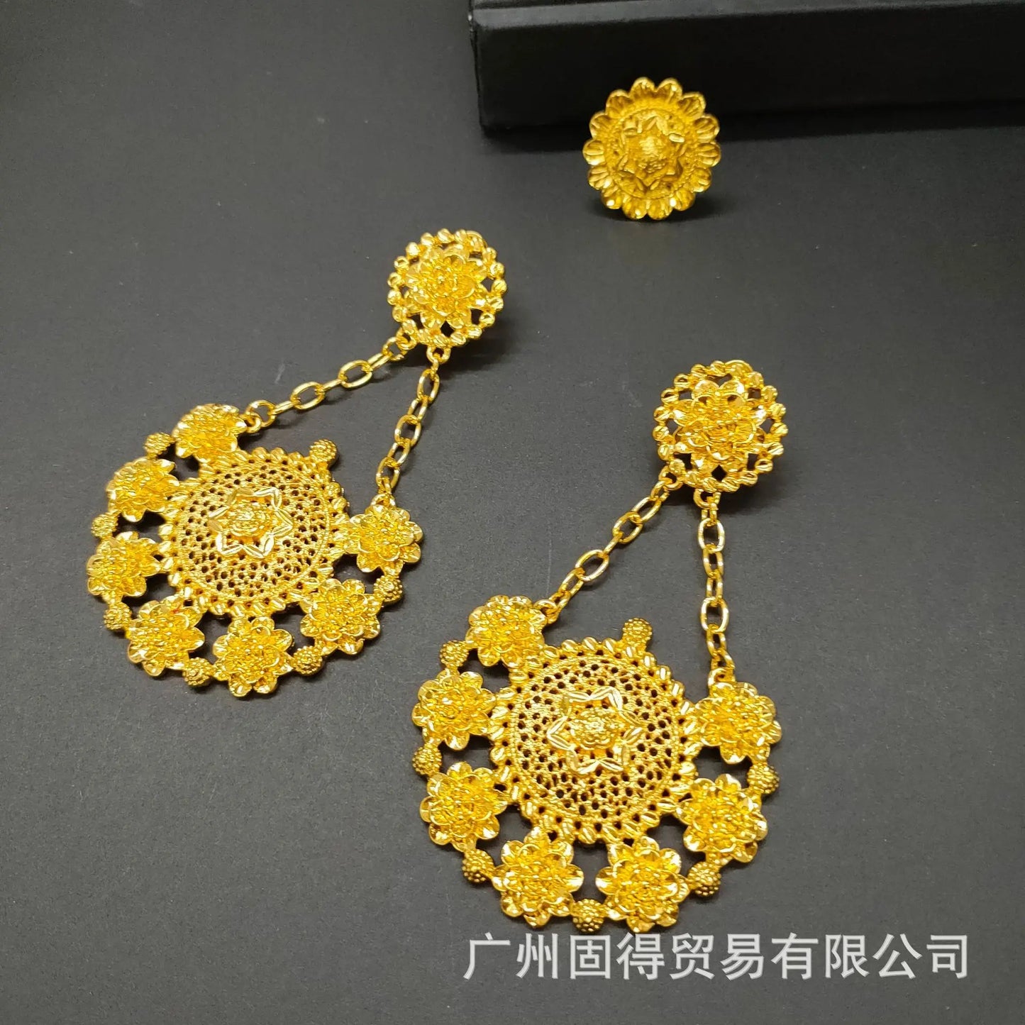 24k gold-plated exaggerated large-scale alloy necklace earrings bracelet ring women's wedding jewelry set