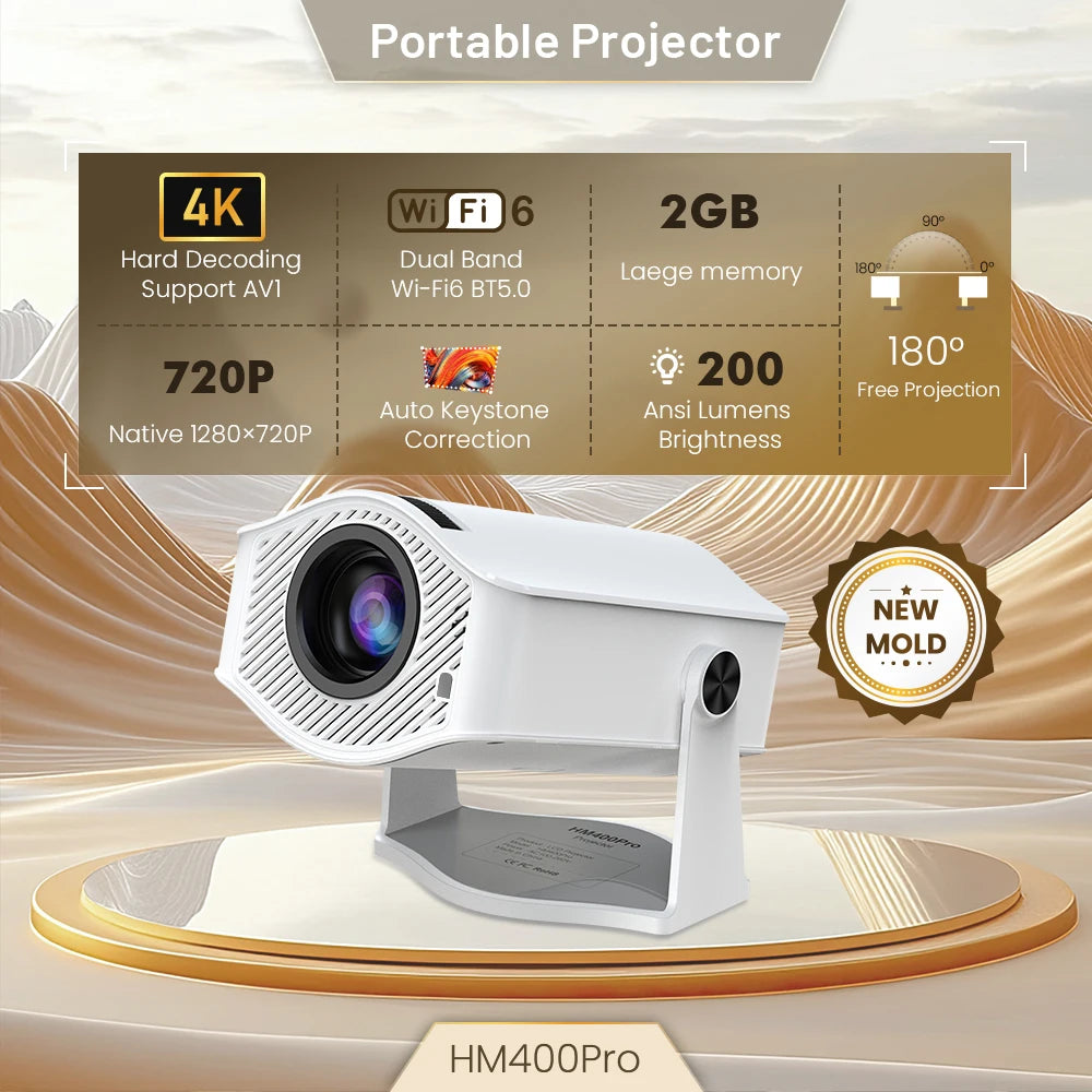 Projector Home Cinema Outdoor Projetor HM400pro VS HY300 PRO 4K Android 11 Dual Wifi6 200ANSI Allwinner H713 BT5.0 1280*720P