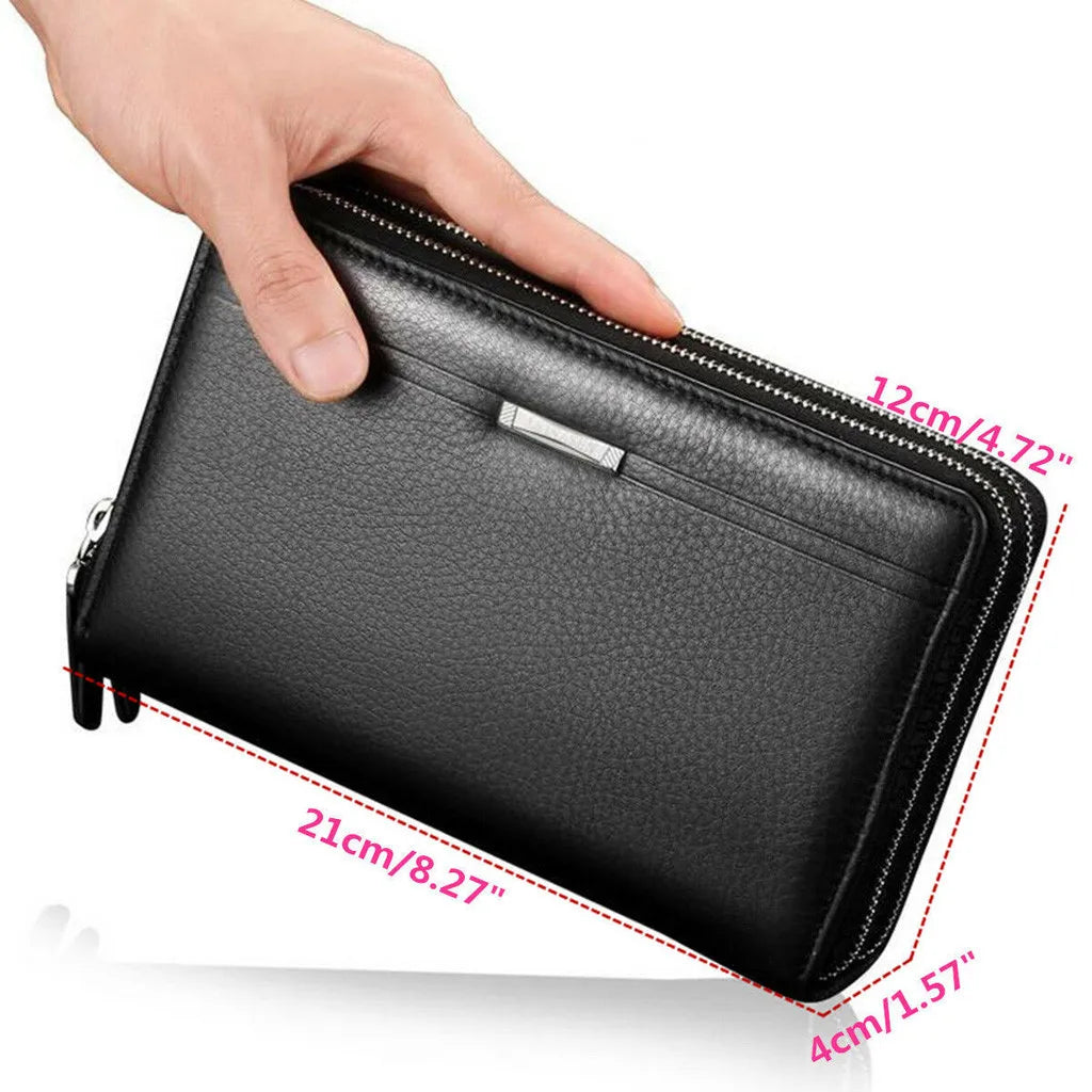 Men's Long PU Leather Clutch Wallet Large Capacity Business Double Zipper Card Holder Cellphone Handbag For Organized