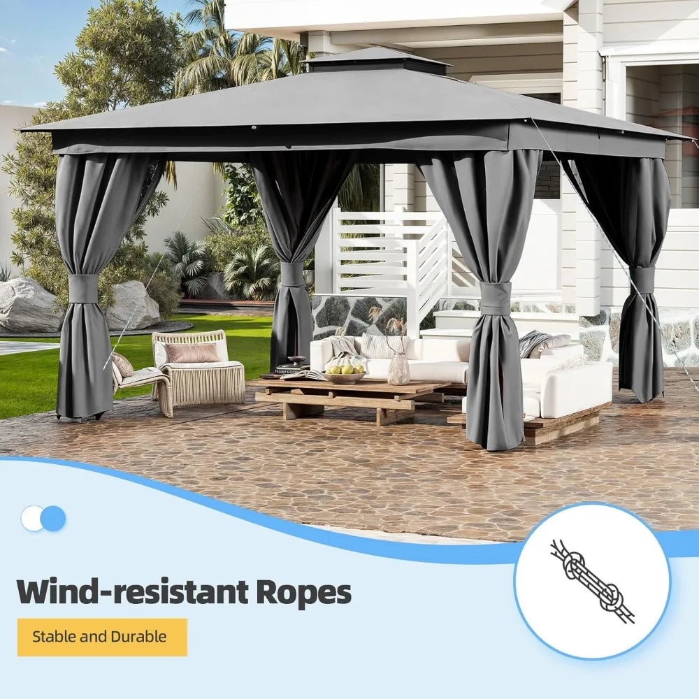 10x13 FT Outdoor Gazebo for Patio, Heavy Duty Party Tent with Double Roofs, Outdoor Canopy with Curtains and Nettings for Deck,