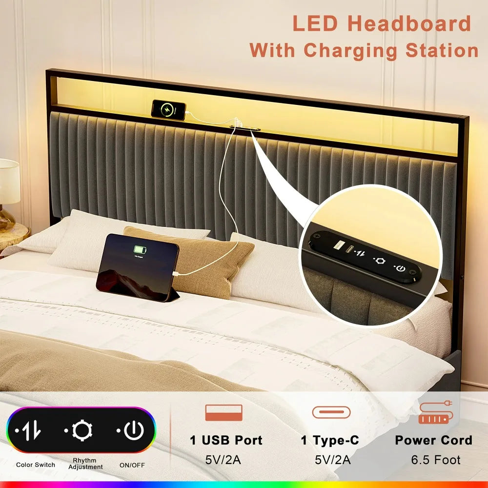 Bed Frame with Headboard, Platform Bed with 2 Drawers, Velvet Upholstered Bed Frame with LED Lights & Charging Station, Beds