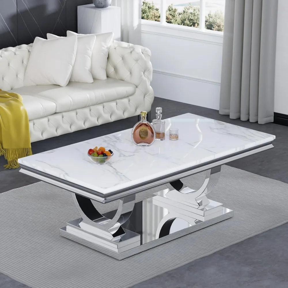 Modern Marble Coffee Table,Rectangular White and Silver with U-Shape Stainless Steel Base with Silver Mirrored Finish LivingRoom