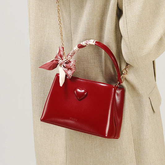 TOUTOU Women Handbag with Adjustable Strap Cowhide Wedding Bag Female Brides Daily Commuting Love One Shoulder Crossbody Red Bag
