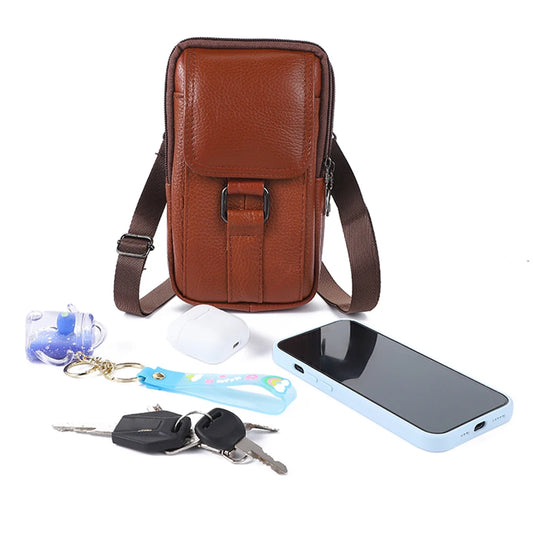 Portable Men Messenger Bags Cowhide Leather Cell Phone Belt Pack Fashion Simple Multi-pockets Casual for Outdoor Sport