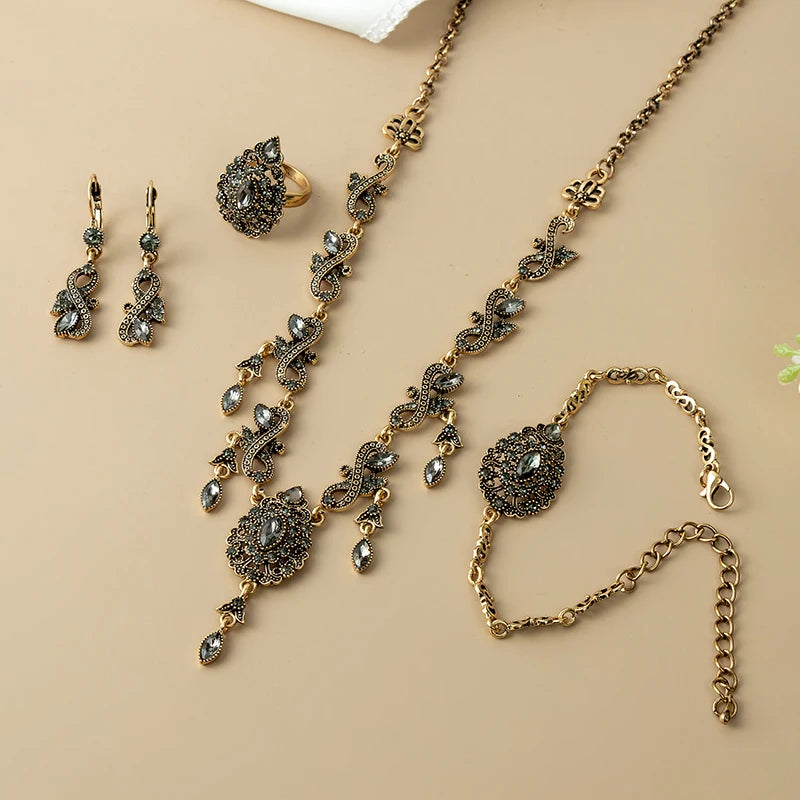 Algerian fashion Women's Necklace Earrings Bracelet Ring Crystal Wedding Jewelry Arab Bronze Bridal Gift Jewelry Set