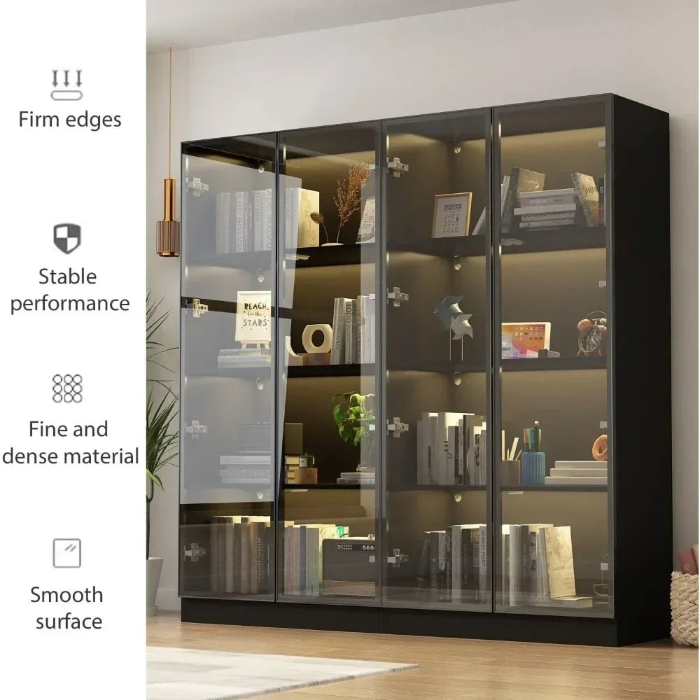 Display Cabinet with Glass Doors and Lights, 4-Tier Storage Shelves, Display Case Cabinet Black