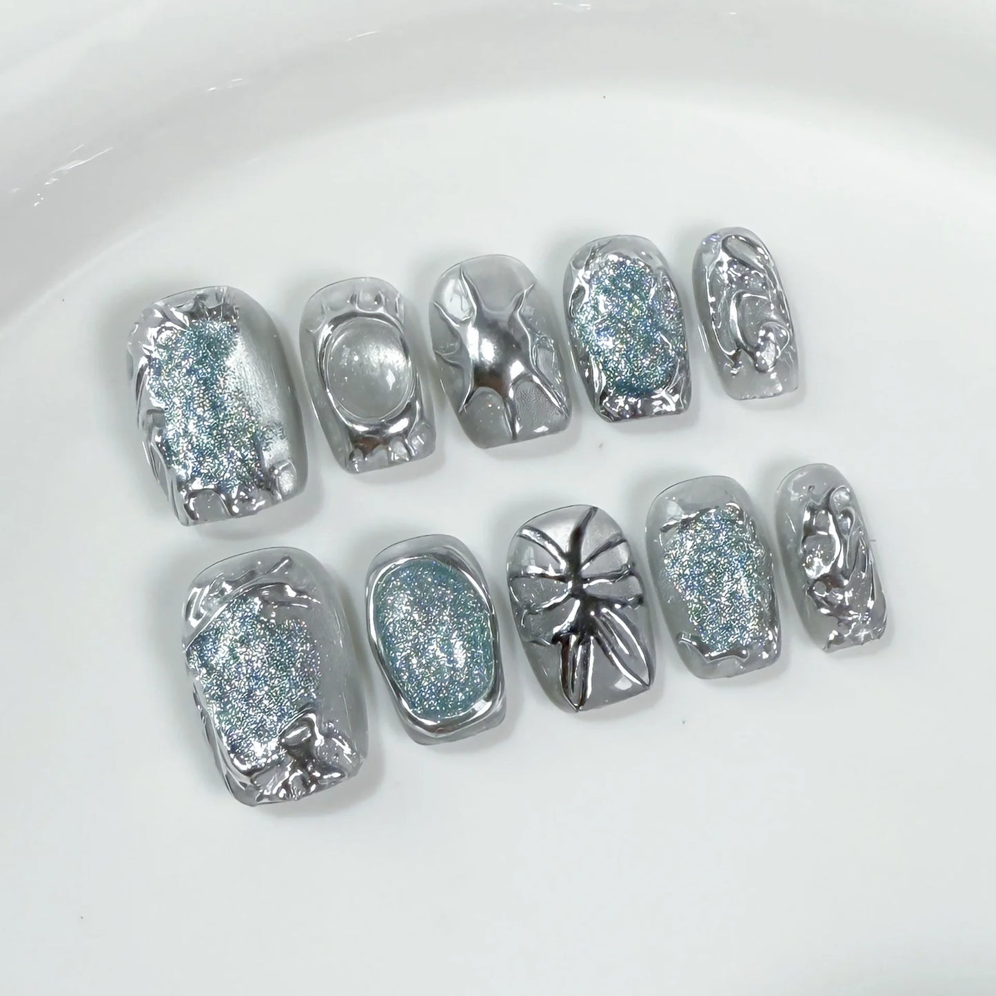 10Pcs Short Sweet and Cool Handmade Press On Nails Full Cover Design Round Head Fake Nail Artificial Manicure Wearable Nail Tips