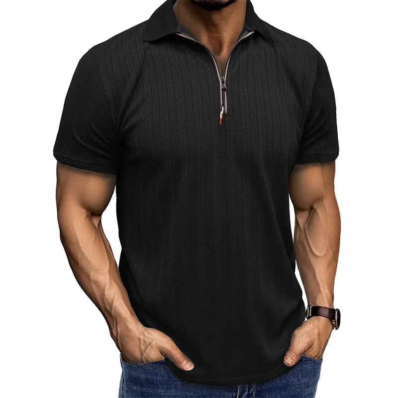 Men s Short Sleeve Jacquard Turn Down Collar Zipper Casual Tops - Stylish  Fit Shirts for Summer Fashion