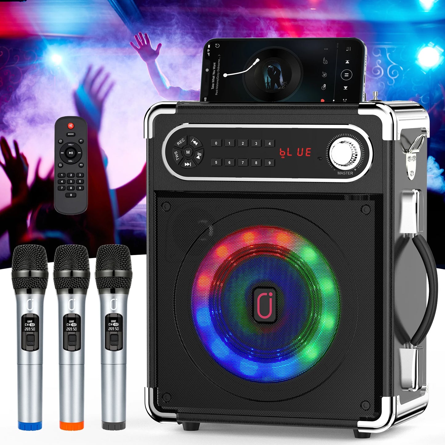 FanFun Wireless Outdoor Speaker, Portable Speaker with Microphone, Colorful DJ Light, Dual Microphone Jacks, TF Card Compatible