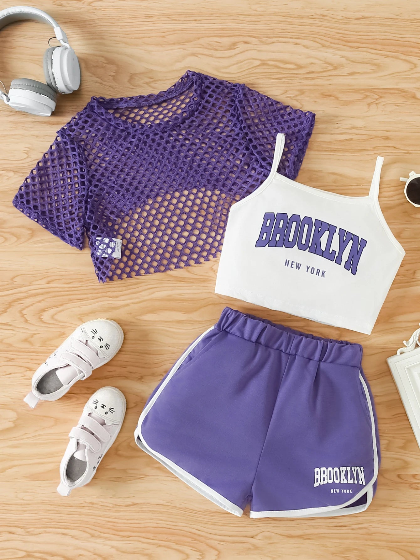 Girls Three-Piece Clothing New Breathable Summer Thin Fashion Short-Sleeved Mesh Top + Letter Printed Short Vest Suspender + Letter Printed Sports Shorts
