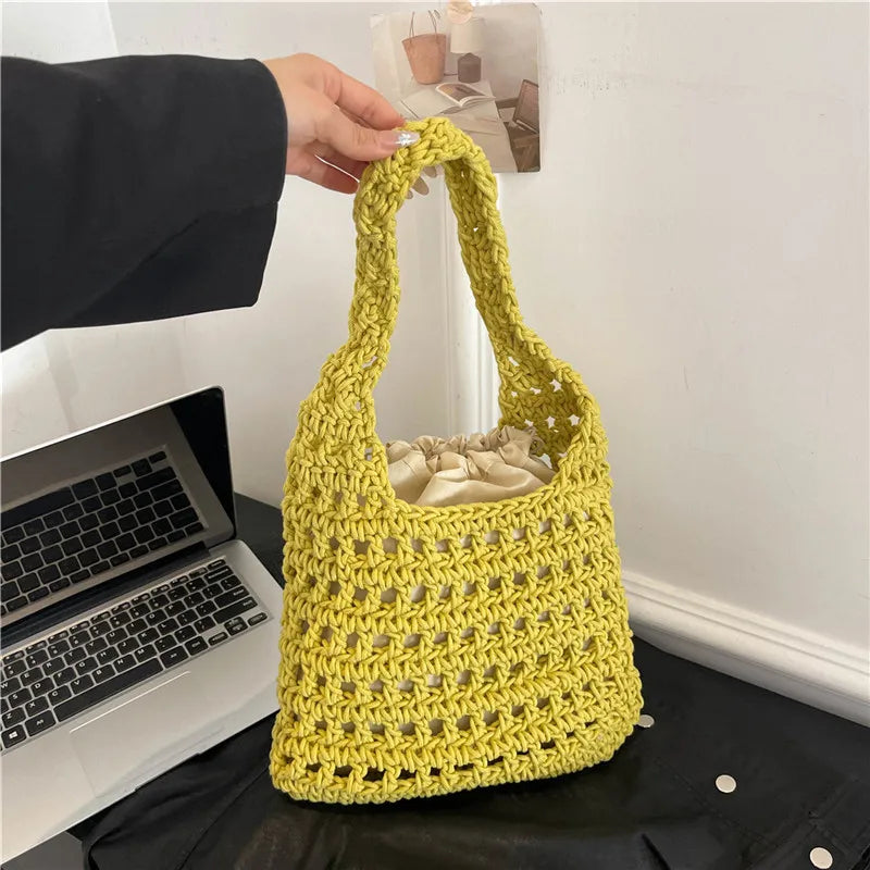 Women's Knitted Shoulder Bag Large Capacity Lightweight Braid Underarm Bags Summer Handmade Crochet Tote Bags Weaving Beach Bags