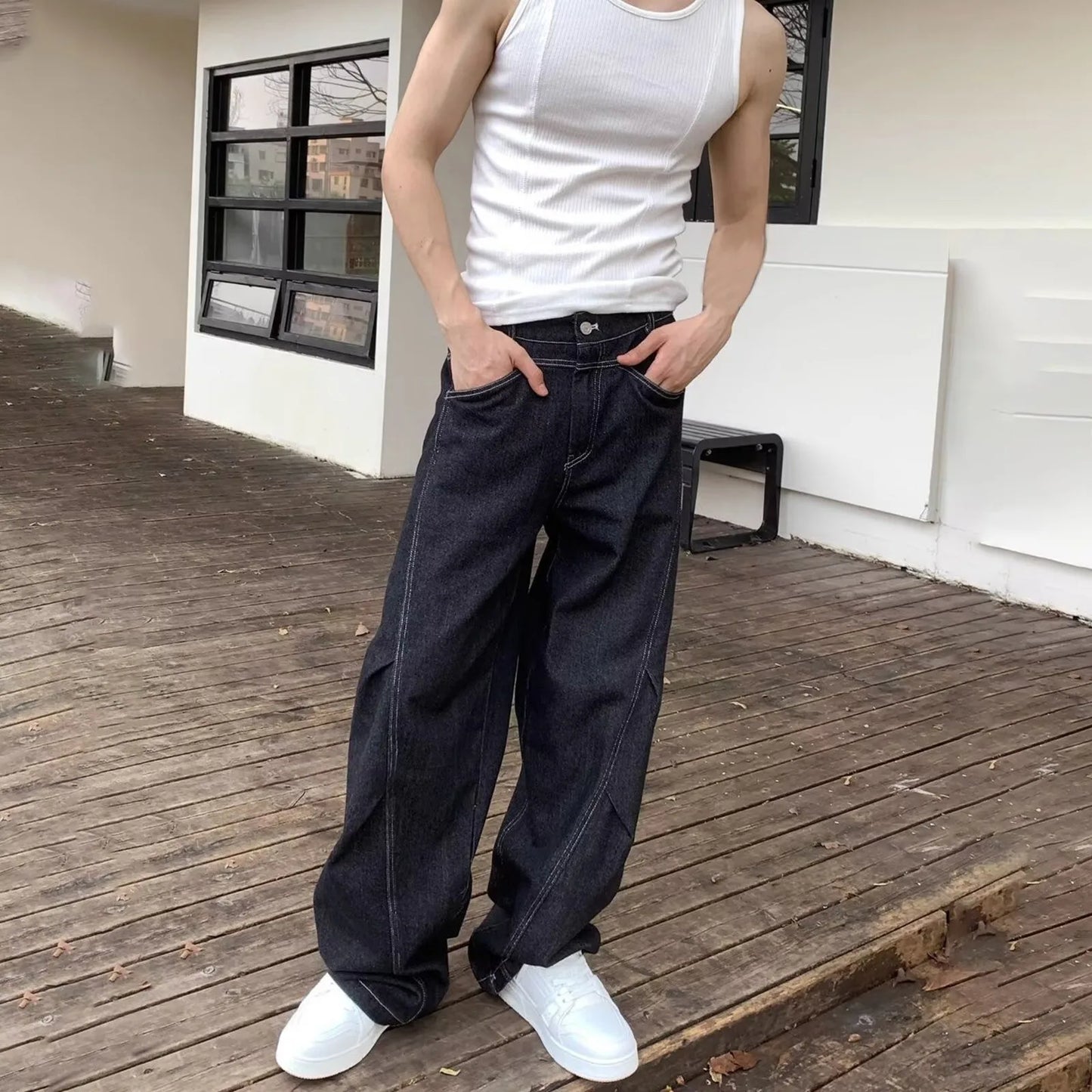 2024 American Style Black Vintage Jeans High-Waisted Loose-Fit Washing Denim Pants Trendy Couple Casual Mens Clothing Trousers