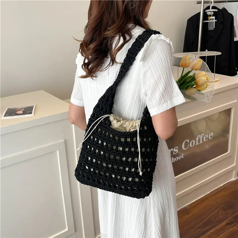 Women's Knitted Shoulder Bag Large Capacity Lightweight Braid Underarm Bags Summer Handmade Crochet Tote Bags Weaving Beach Bags