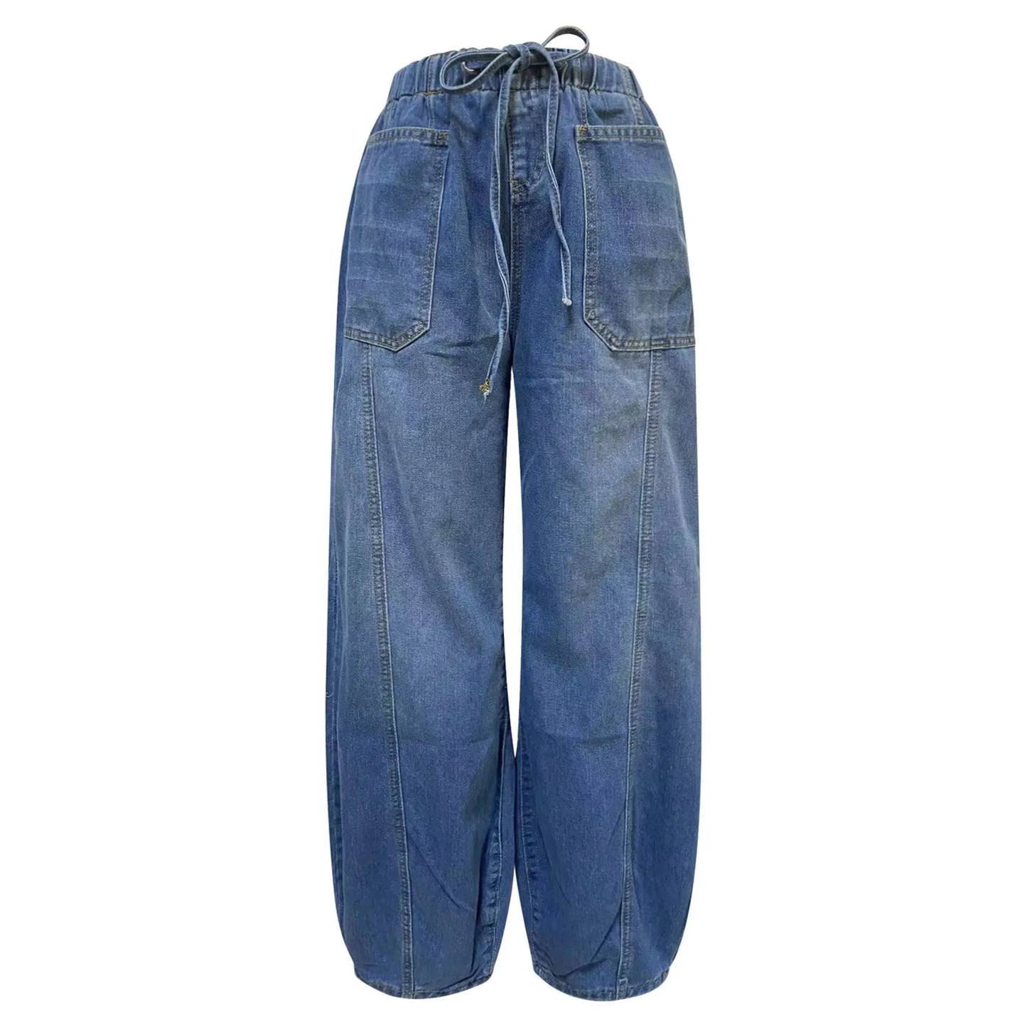 Low Waist American Retro Style Jeans Casual Loose Fit Double Pockets Cotton Jeans Ankle Length Pants Drawstring Jeans