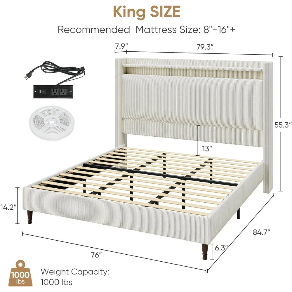 King Size Bed Frame with Tall Headboard, 55.3" Corduroy Upholstered Platform Bedframe with LED Lights & Charging Station