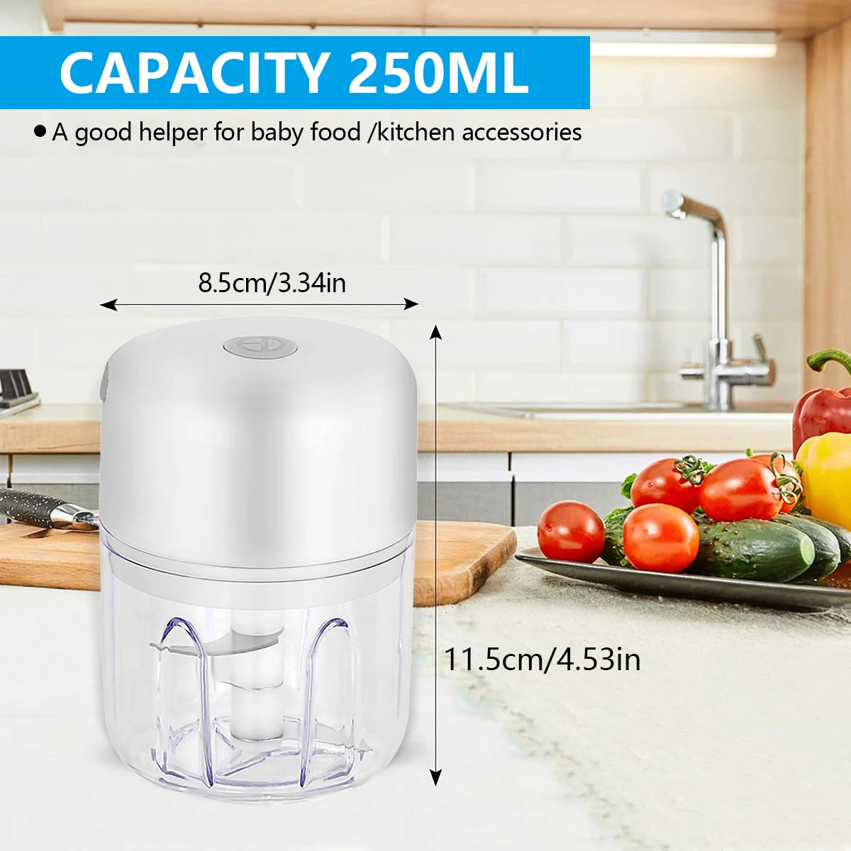 250ml Electric Garlic Chopper, Mini Portable Veggie Chopper, Garlic Grinder Masher Onion Chopper, Food Processor