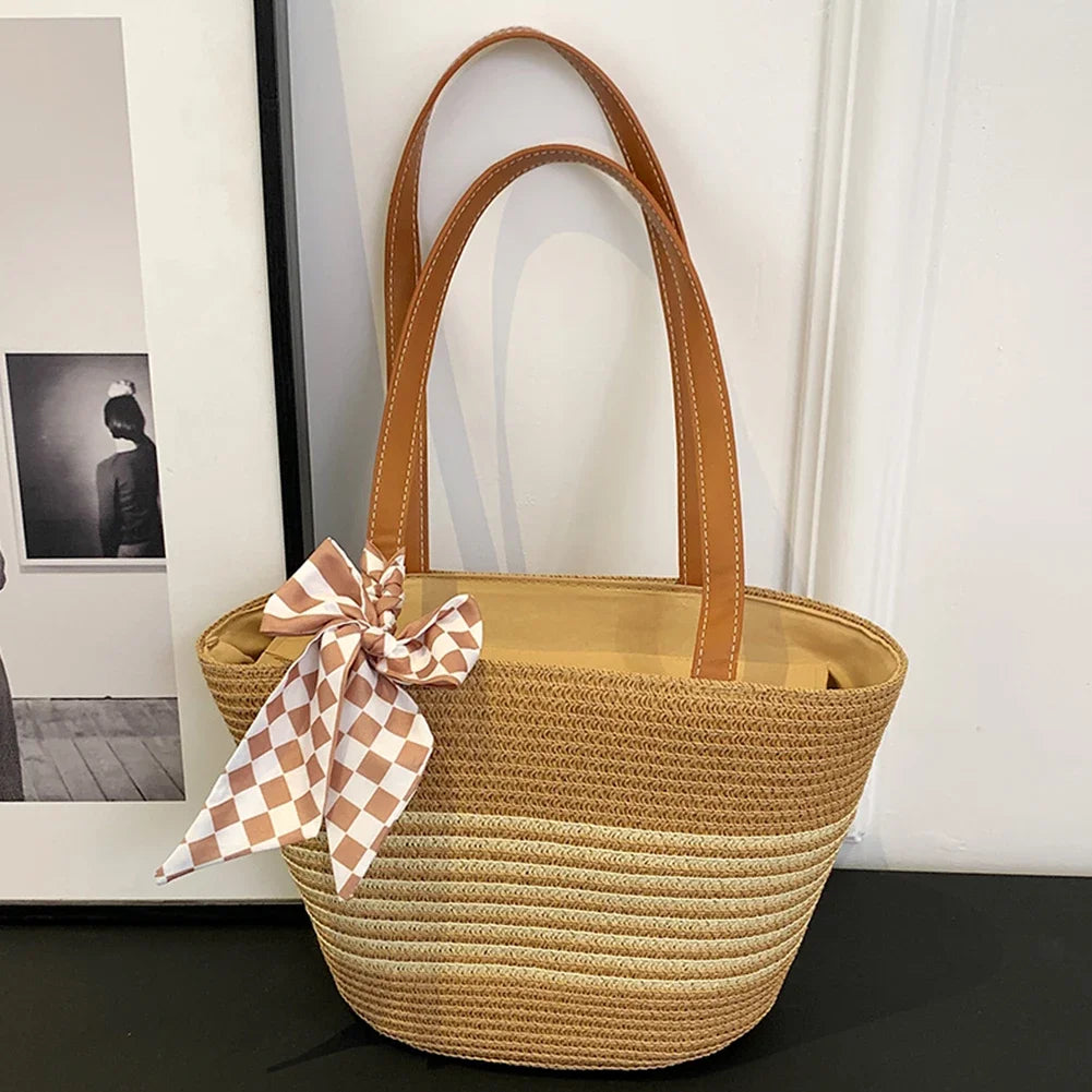 Women Straw Tote Handbag Large Capacity Crochet Beach Handbag Zipper Closure Weaving Striped Handbag Ladies Summer Daily Bag