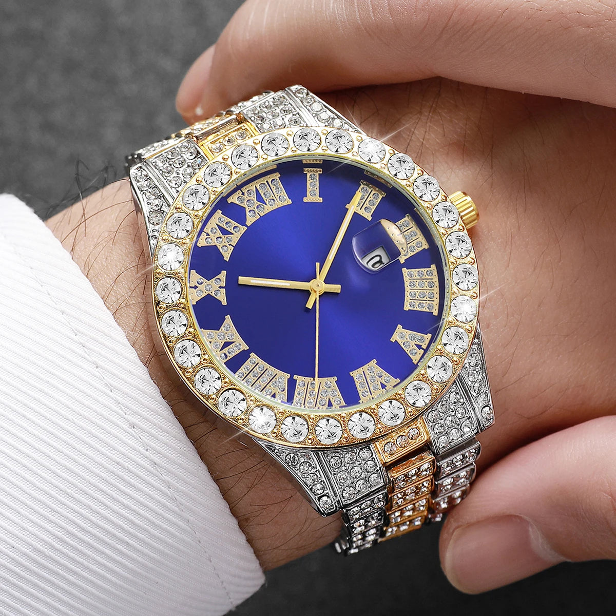 Fashion Full Diamond Men's Watch Stainless Steel Band Male Quartz Wristwatches Date Calendar Watches