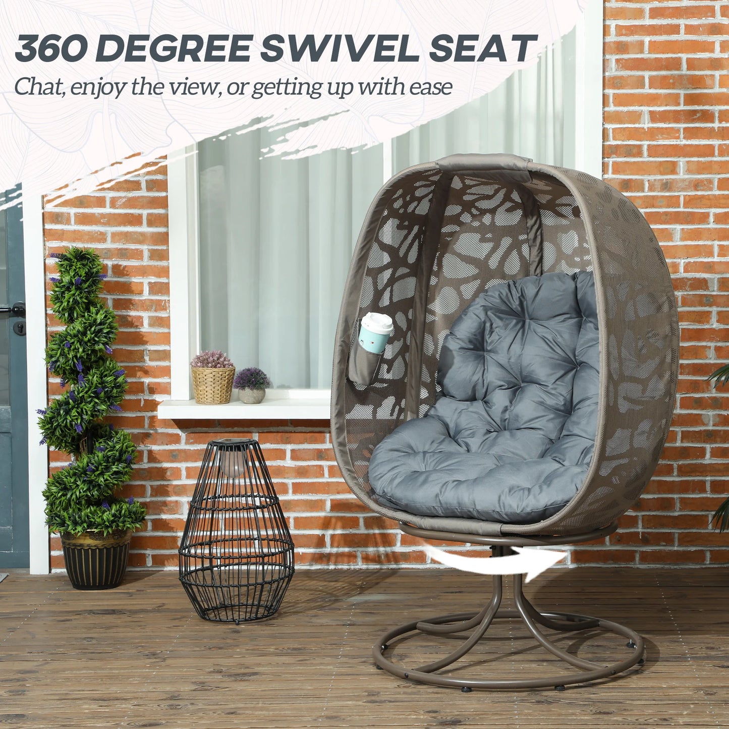 Outsunny Swivel Egg Chair with Cushions, Foldable Basket Seat and Metal Frame, Indoor Outdoor Lounge Chair for Balcony, Patio