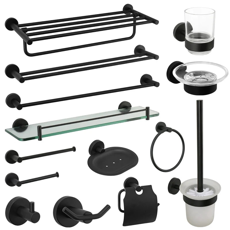 Bathroom Accessories Towel Rack Shelf Bar Roll Paper Holder With Cover Hand Towel Bar Holder Robe Hook Toilet Brush Holder Black