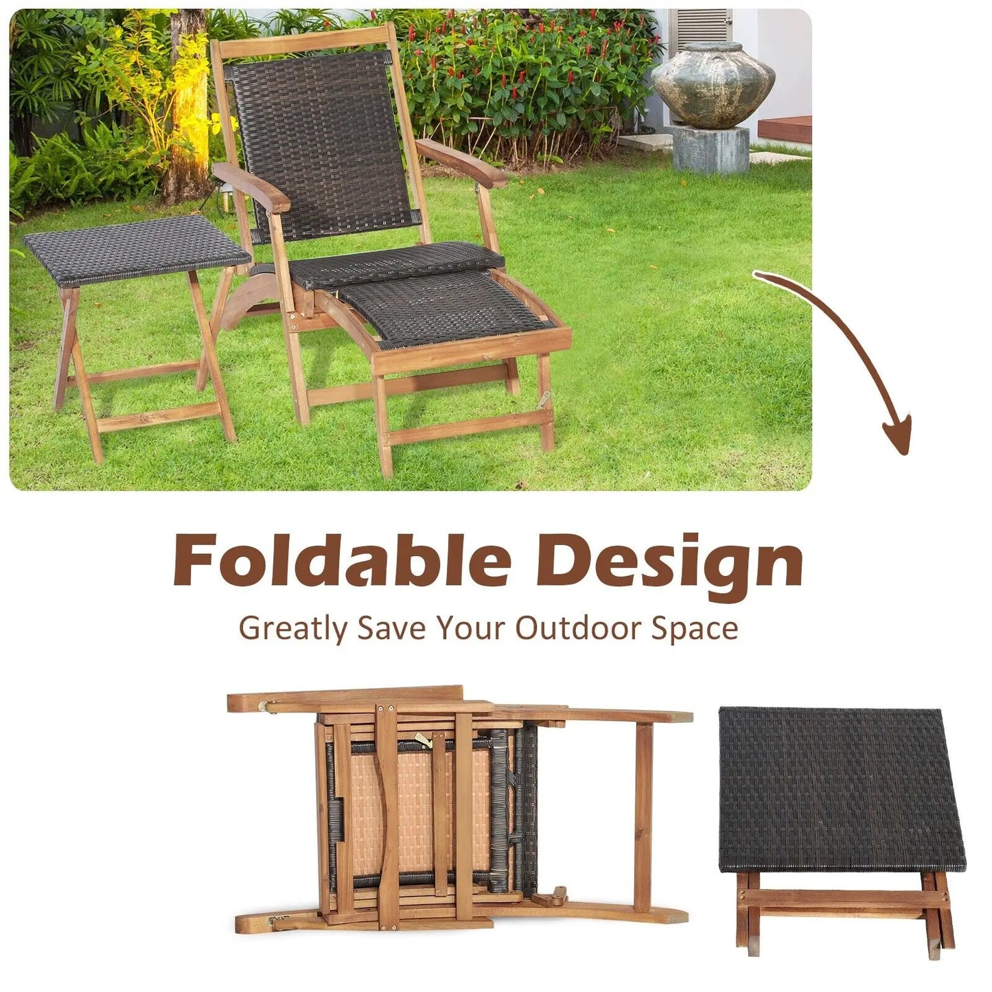 GOFLAME Folding Patio Rattan Sun Lounge Chair Table Set Wicker Table Acacia Wood Chair