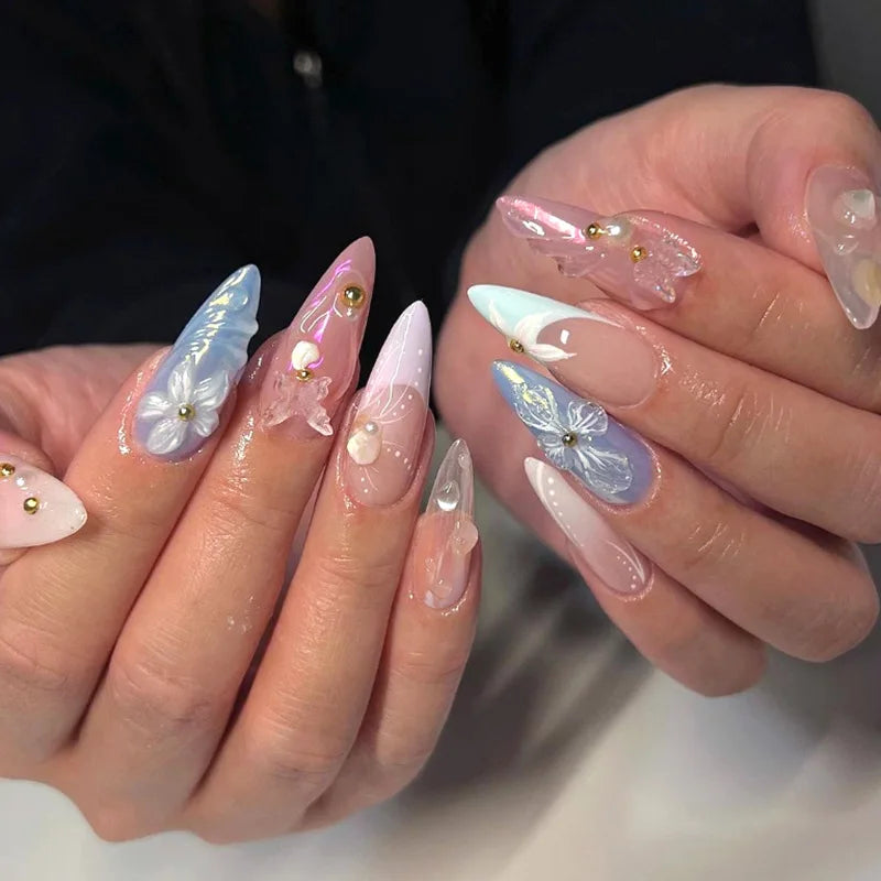 24pcs Aurora Nude Pink Press on Nails Almond Acrylic Sweet Fake Nails with 3d Charms Butterfly Florals Full Cover Flower Nails