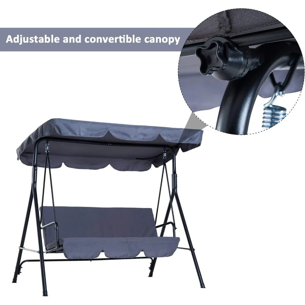 Garden Swing Chair, 3 Seater Canopy Swing Chair Garden Rocking Bench Heavy Duty Patio Metal Seat W/Top Roof, Patio Swing Bench