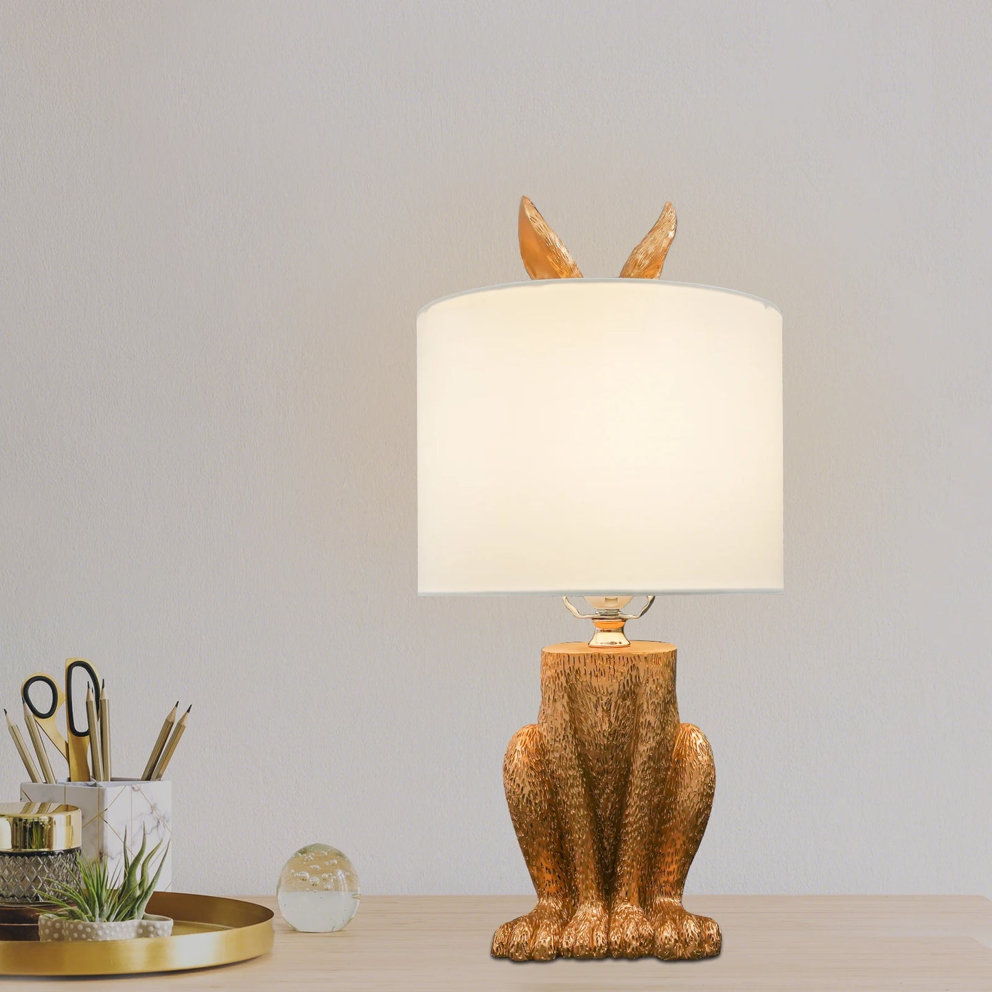Gold Cute Rabbit Table Lamp, Modern Resin Tabletop Lamp with Push Button Switch, E26 Base for Bedroom Living Room Office Decor