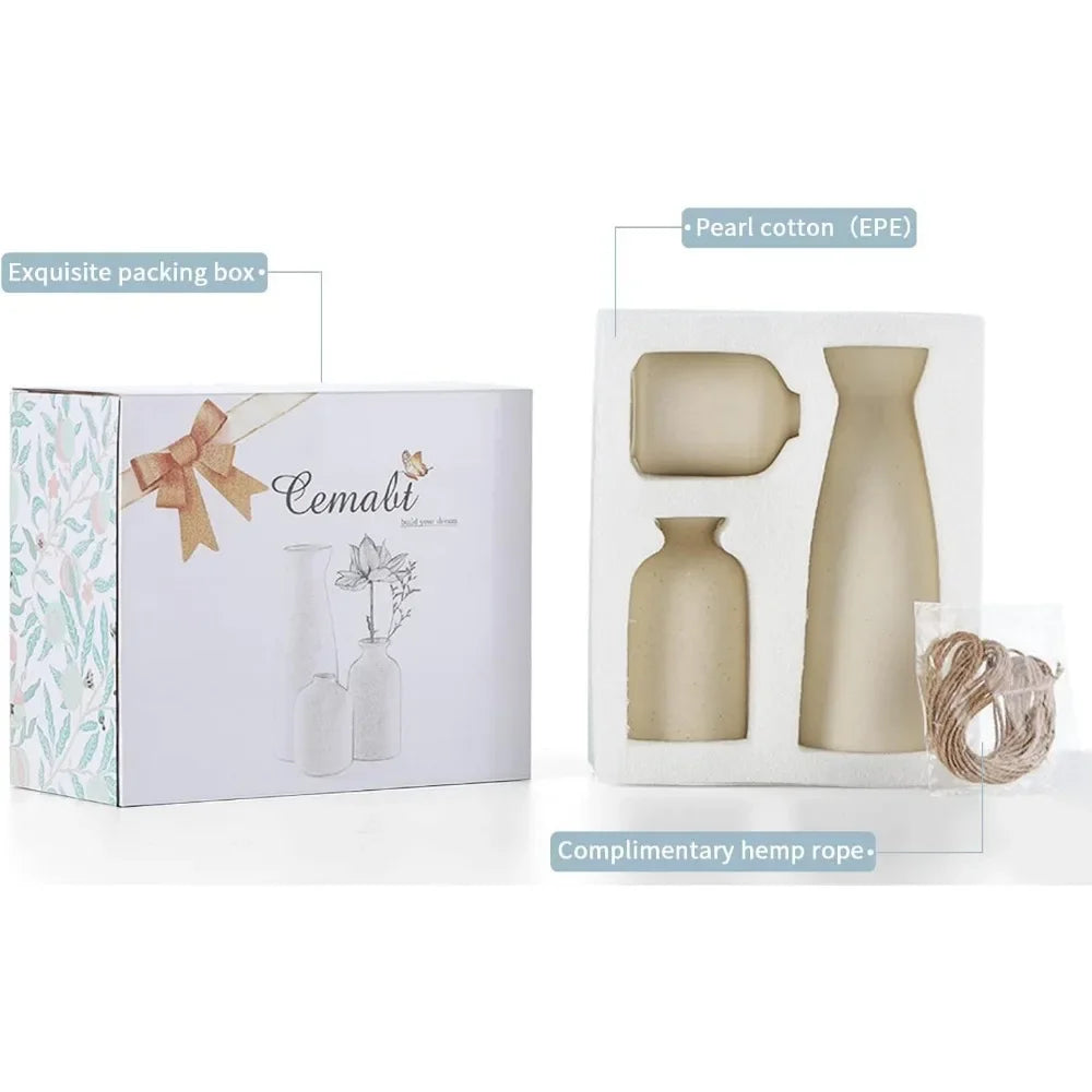 Beige ceramic vase set with a small vase decoration, modern bohemian farmhouse home décor