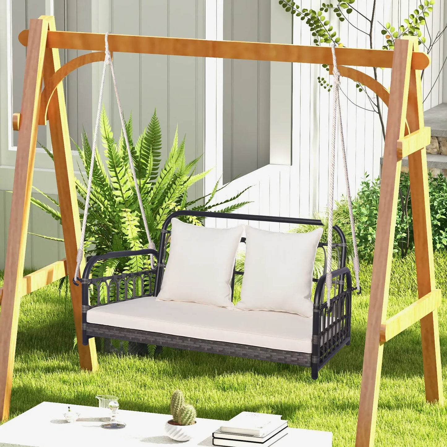 GOFLAME Hanging Swing Bench 2-Person Patio Wicker Swing Chair w/ Cushions-White